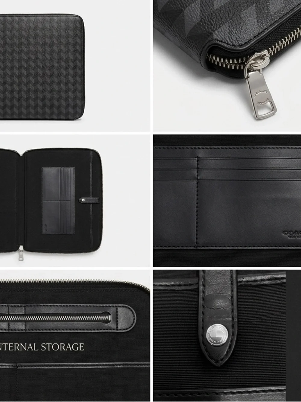 COACH ZIP AROUND TECH CASE PORTFOLIO BLACK GREY HERRINGBONE